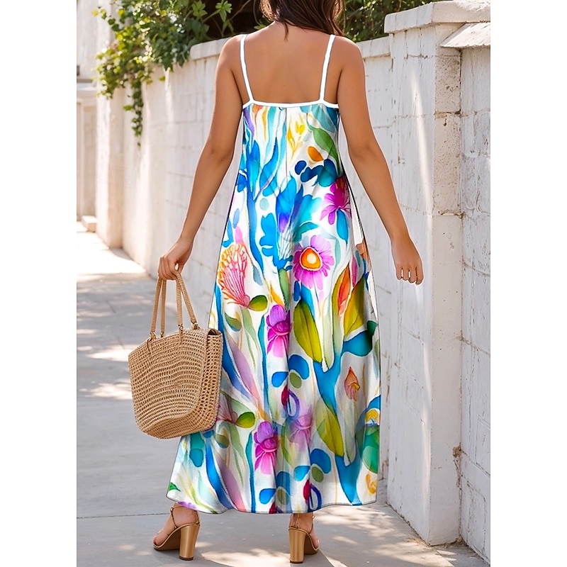 Women's Maxi Dress Casual Dress  Sundress A Line Dress Casual Flowy Vacation Casual Daily Regular Fit Floral Leaf Sleeveless V Neck Blue Summer Spring Fall2