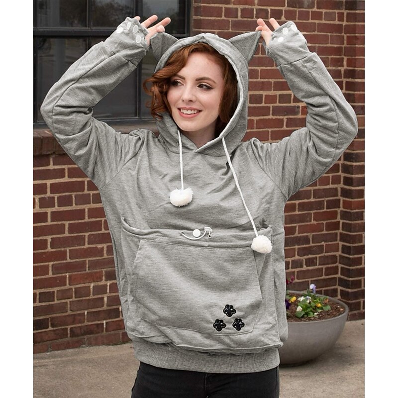 Women's Big Kangaroo Pouch Hoodies,Cute Cat Ear Carriers Pullover,Pet Cat Dog Holder Cuddle Sweatshirt Deep Blue2
