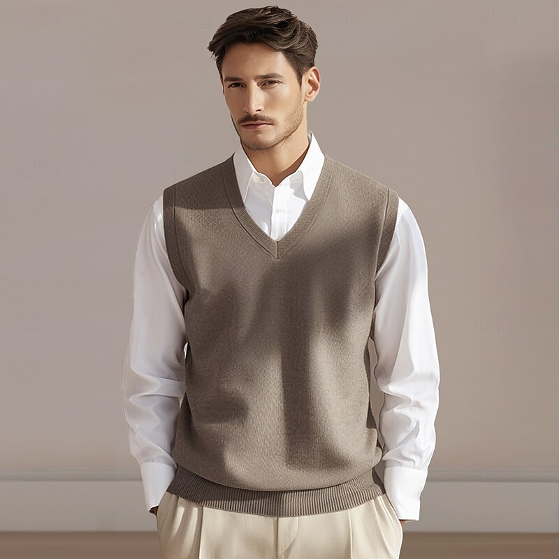 Men's 100% Merino Wool Sweater Vest Knit Solid Color V Neck Knitwear Elegant Outdoor Home Clothing Apparel Spring Fall Wine Red Black S M L3