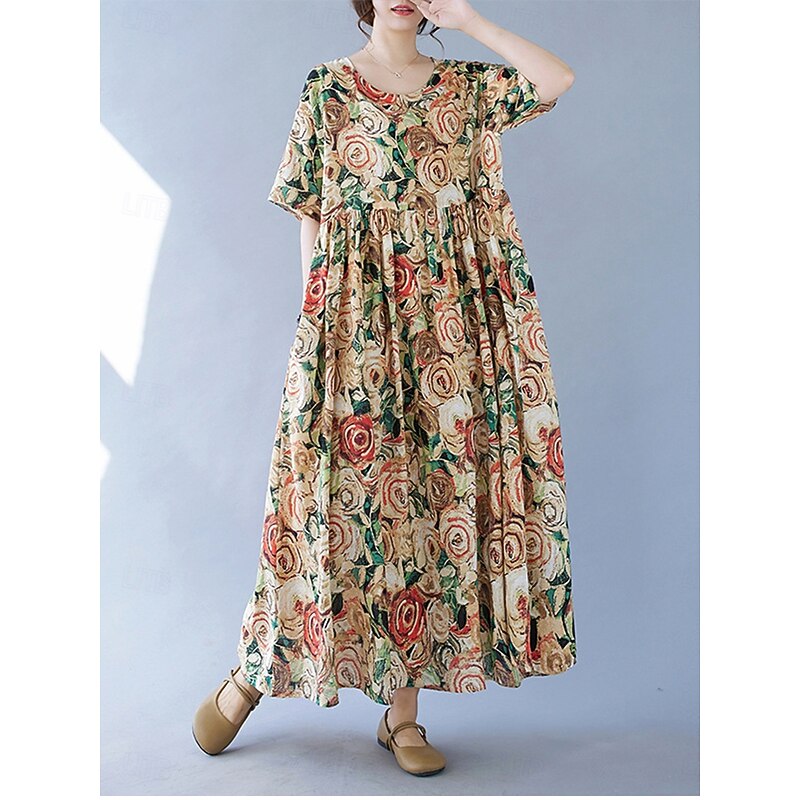 Women's Maxi Dress Cotton Linen Dresses Vintage Dress Swing Dress Cotton Maxi Dress Basic Casual Vacation Daily Regular Fit Floral Short Sleeve Crew Neck Yellow Summer