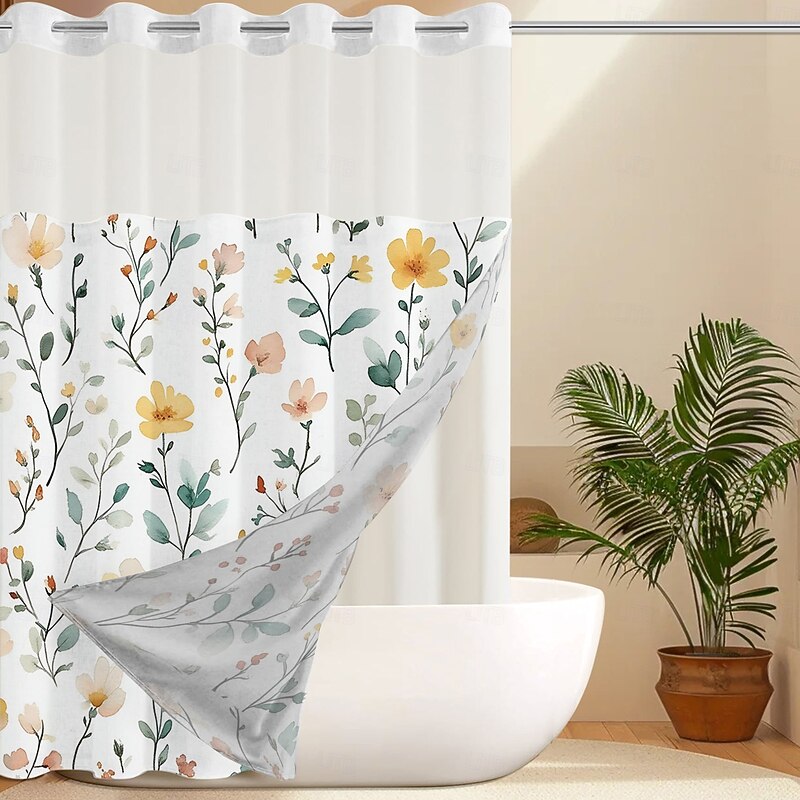 Flower Waffle-Weave Textured Shower Curtain Set with Snap-in Liner and Sheer Window Water-Repellent Polyester,Grommet Top,120GSM Hotel Quality Spa Style Bathroom Partition No Hooks Required4