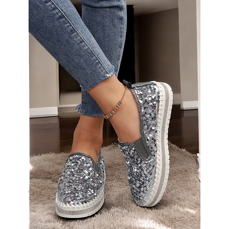 Women's Black Sequin Slip-On Platform Shoes with Rhinestone Trim - Sparkly Casual Shoes for Parties and Everyday Wear