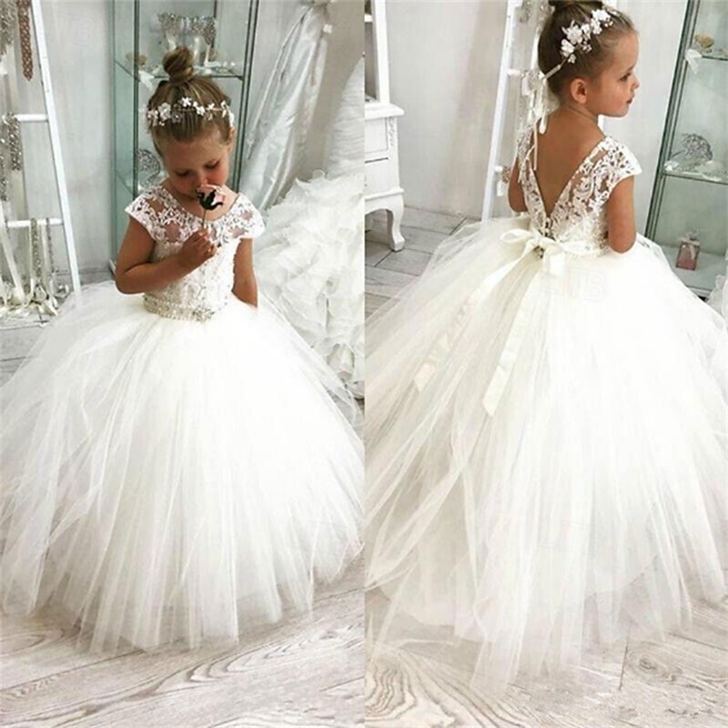 Flower Girl Dress Kid's Girls' Princess Dress Performance Wedding Party Elegant Beautiful Mesh Solid Color Sleeveless Crew Neck White 4 years+2