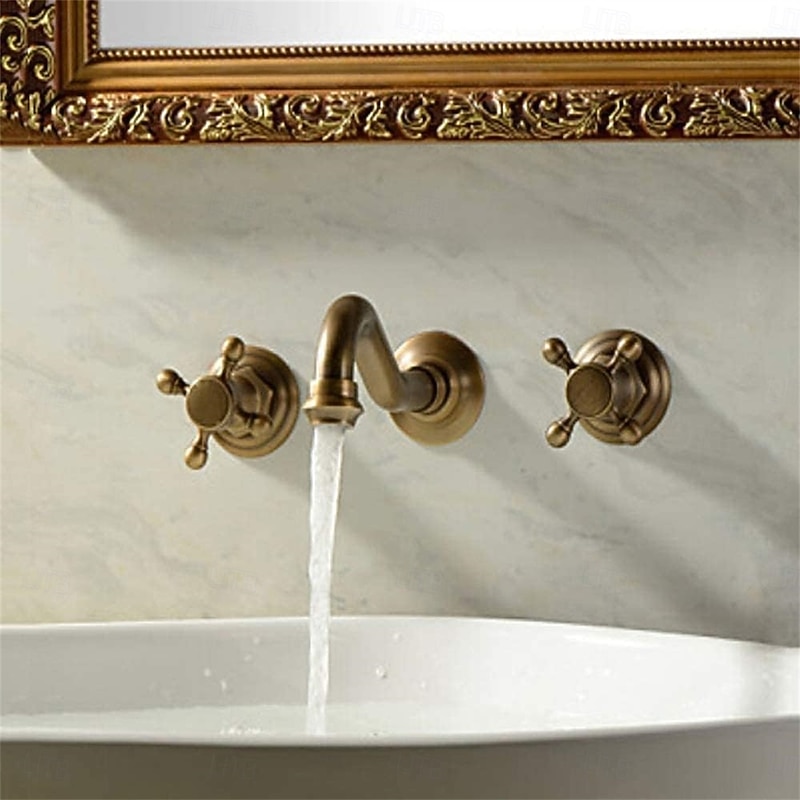 Classic Utility Sink Laundry Faucet, Wall Mount Two Handles Three Holes Wash Basin Tap with Hot and Cold Water Hoses, Laundry Tub Pot Filler Commercial Faucet in Oil Rubbed Bronze Antique Copper2