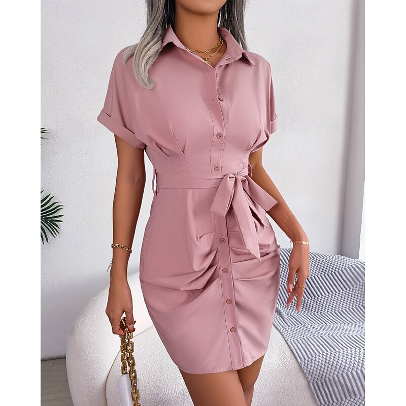 Women's Mini Dress Shirt Dress Casual Dress Summer Dress Stylish Casual Vacation Daily Date Regular Fit Plain Short Sleeve Lapel Pink Red Blue Summer Spring4