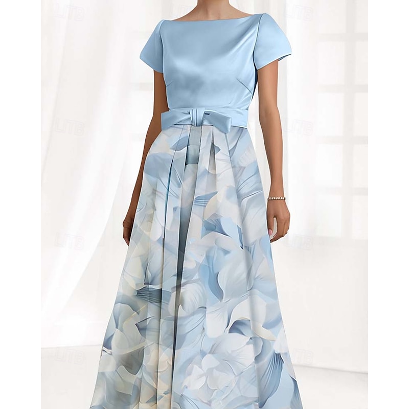 A-Line Mother of the Bride Dress Elegant Boat Neck Floral Print Floor Length Satin Short Sleeve with Bow(s) Pleats Race Day Dress Wedding Guest Dress3