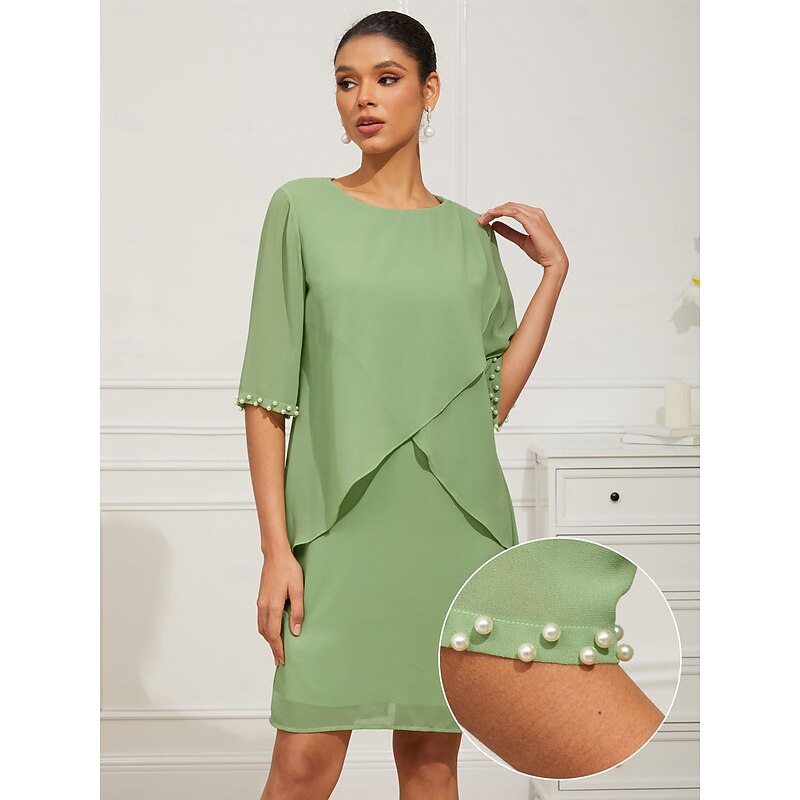 Women's Knee Length Dress Chiffon Dress Elegant Formal Wedding Guest Cocktail Party Loose Fit 3/4 Length Sleeve Crew Neck Green Summer Spring