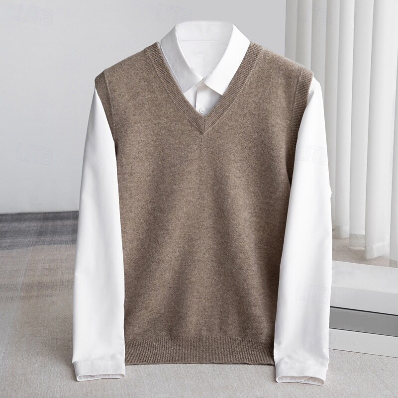Men's 100% Merino Wool Sweater Vest Knit Solid Color V Neck Knitwear Elegant Outdoor Home Clothing Apparel Spring Fall Wine Red Black S M L4