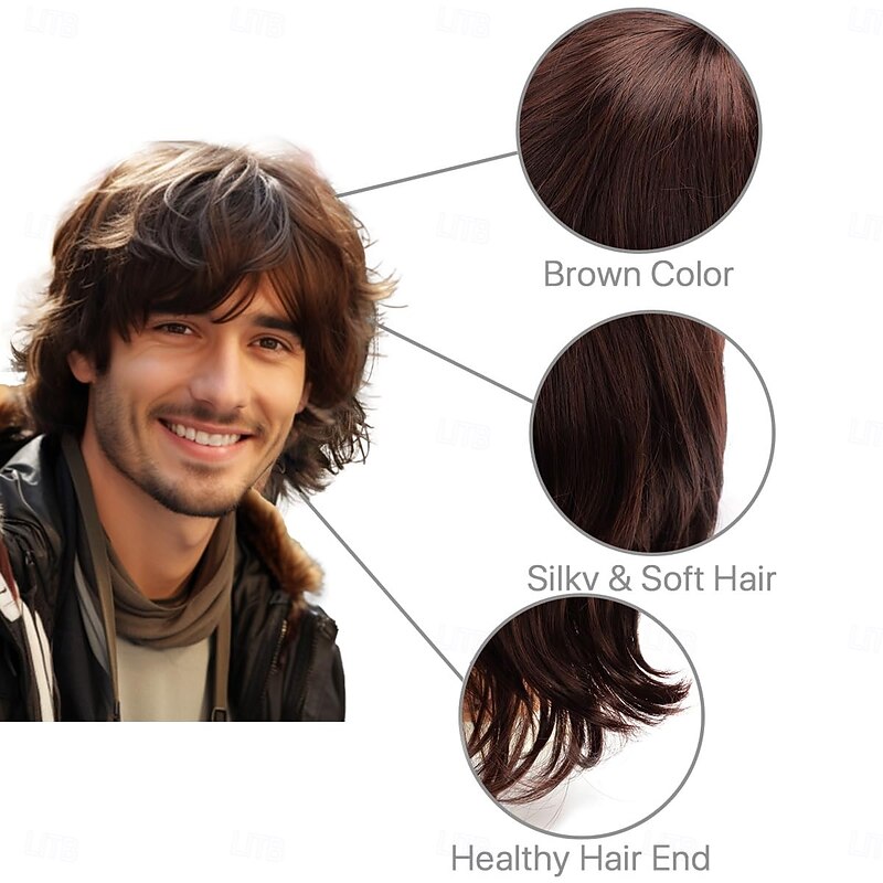 Short Mens Wig Brown Wigs for Men Synthetic Mens Wigs Fluffy 80s Wig for Party Daily Use3