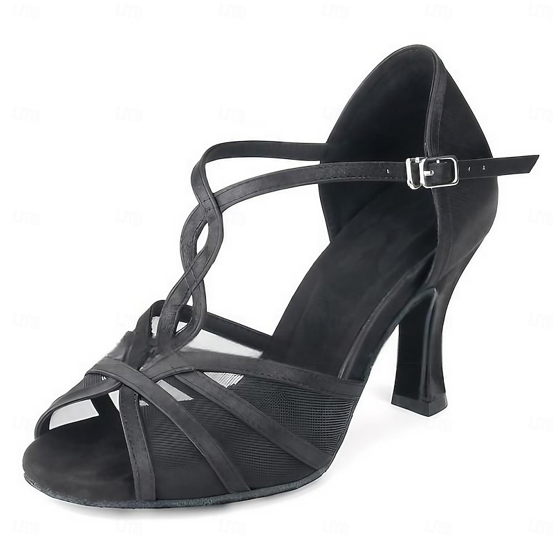 Women's Black Strappy Mesh Dance Heels with Buckle Closure – Elegant Open-Toe Shoes for Ballroom, Latin, and Special Events