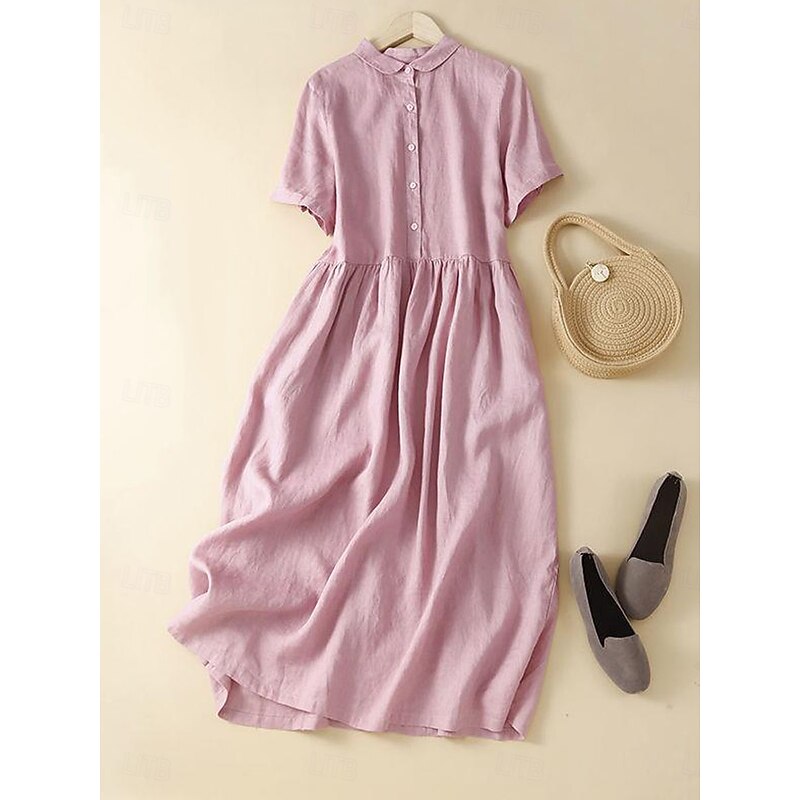 Women's Midi Dress Cotton Linen Dresses Shirt Dress Casual Dress Swing Dress Basic Casual Vacation Daily Regular Fit Plain Short Sleeve Shirt Collar Yellow Pink Summer