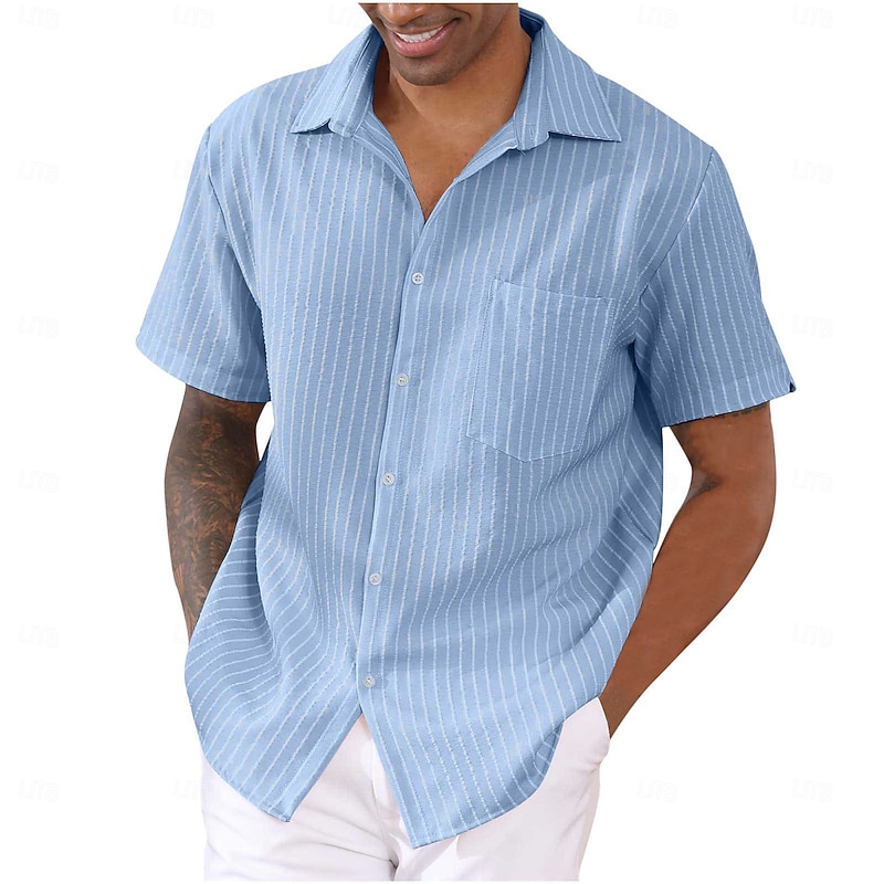 Men's Shirt Summer Shirt Striped Shirt Button Up Shirt Black White Pink Blue Purple Short Sleeve Striped Collar Vacation Daily Clothing Apparel Fashion Casual Comfortable