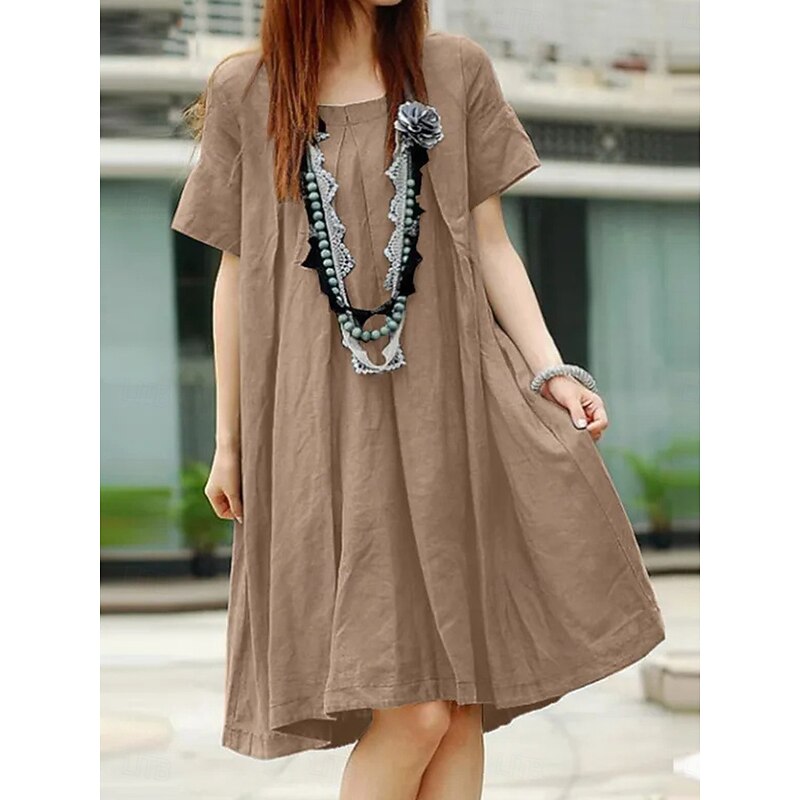 Women's Long Dress Maxi Dress Cotton Linen Dresses Casual Dress Basic Casual Vacation Daily Regular Fit Plain Short Sleeve Crew Neck Red Dark Green Khaki Gray Summer