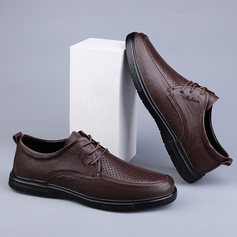 Men's Brown Perforated Leather Lace-Up Shoes – Stylish Casual and Business Shoes for Everyday Wear3