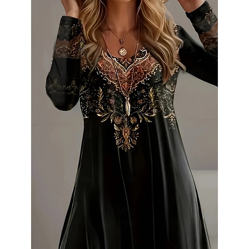 Women's Mini Dress Vintage Dress T Shirt Dress Tee Dress Boho Dress Elegant Retro Casual Vacation Daily Slim Plain Long Sleeve Crew Neck Black Winter Autumn3