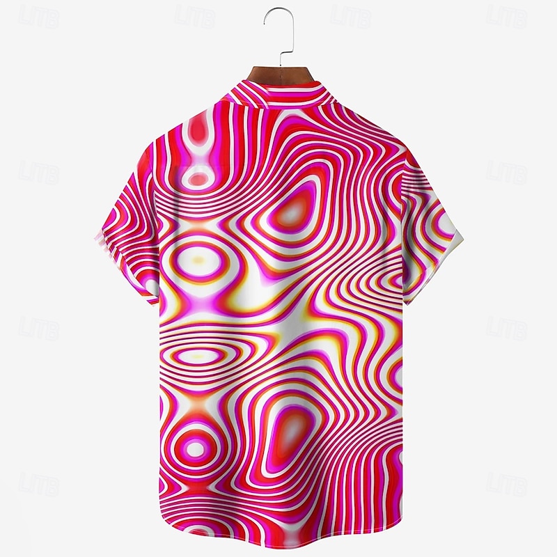 Men's Optical Illusion Geometic Shirt Button Up Shirt Short Sleeve Fashion Casual Vacation Holiday Beach Wear Summer Fall Turndown 3D Print Collared Shirts Front One Pocket Rose Red2