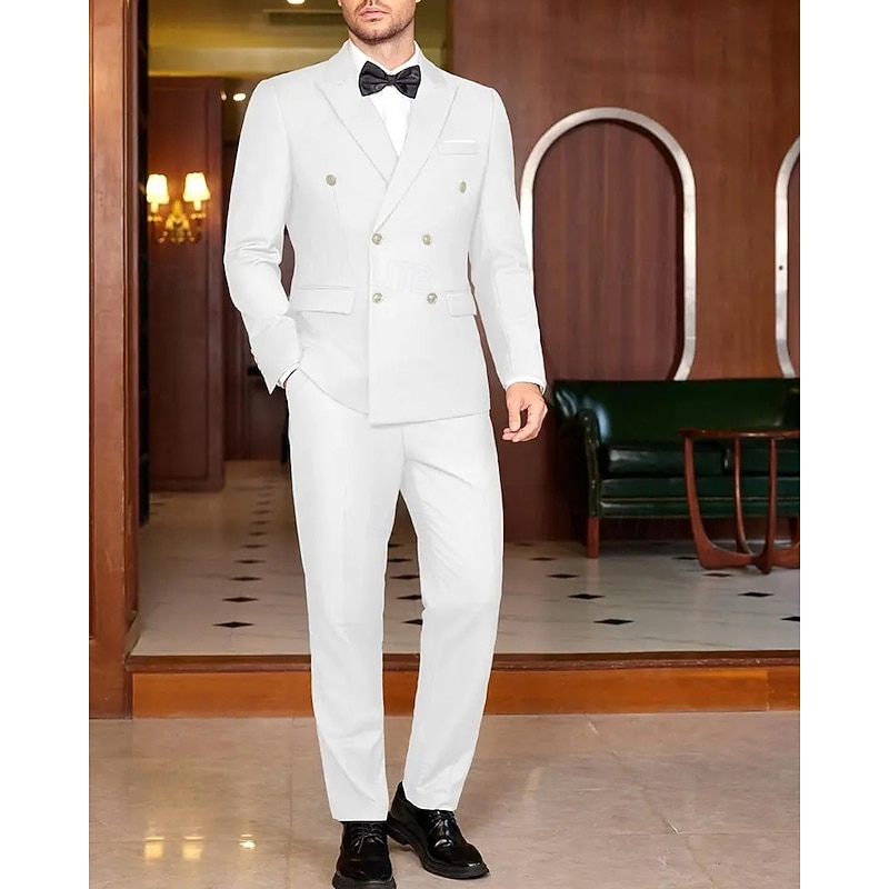 Men's Graduation Blazer Set Business Cocktail Party Wedding Party Fashion Casual Spring &  Fall Polyester Solid Color Pocket 2 Piece Comfortable Single Breasted Blazer Black White2