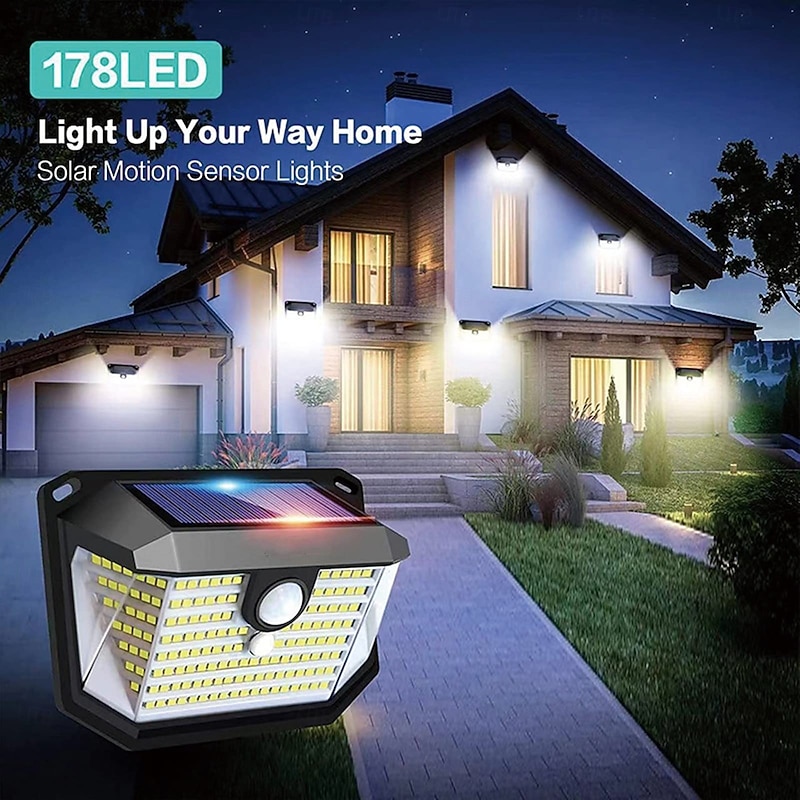 1 Pc outdoor solar waterproof wall lamp 178 LED Beams motion sensor induction lamp 270 degree wide-angle lighting 3 modes courtyard garden porch balcony garage lighting