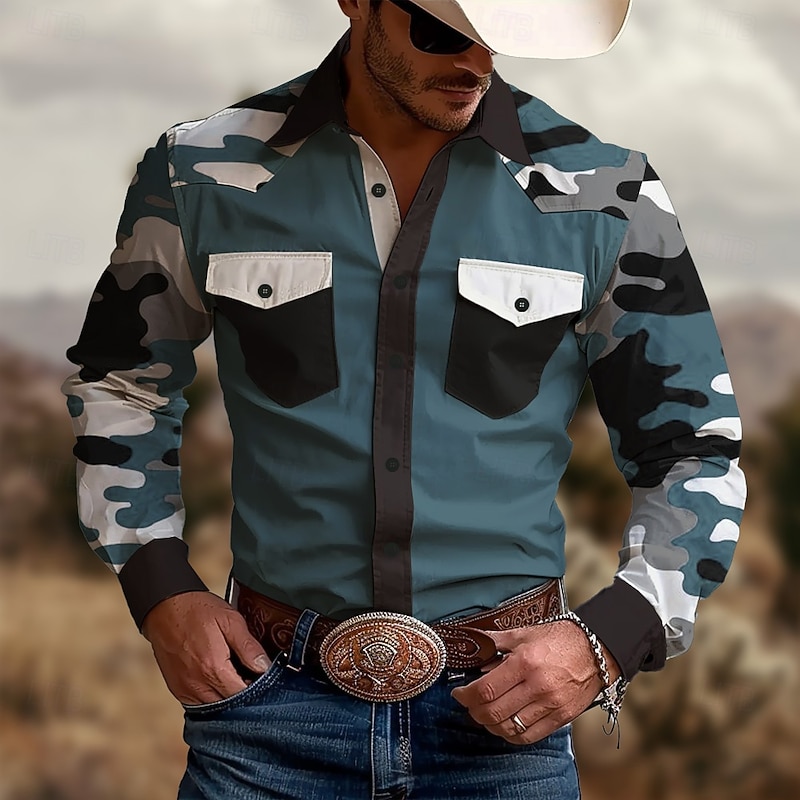 Men's Marble Western Shirt Long Sleeve Western Sports Outdoor Spring Fall Turndown Button Up 2 Pockets Red Blue Brown Green2