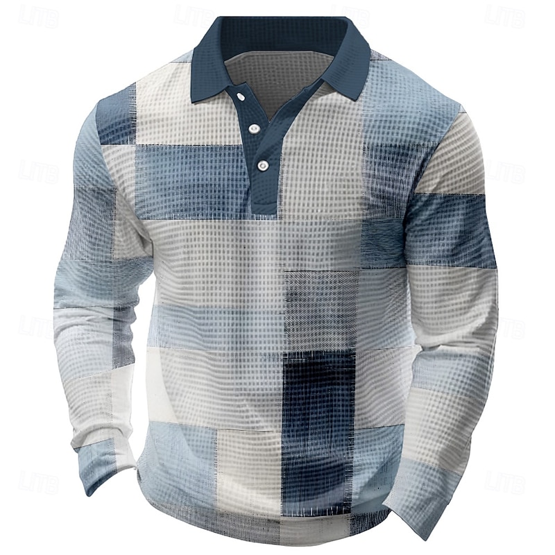 Men's Graphic Waffle Polo Shirts Long Sleeve Polo Shirts Collared Shirts Casual Outdoor Athleisure Streetwear Buttons Blue Green Gray