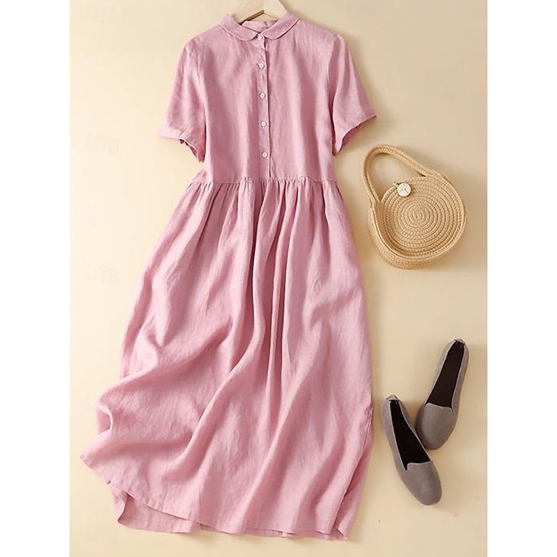 Women's Midi Dress Cotton Linen Dresses Shirt Dress Casual Dress Swing Dress Basic Casual Vacation Daily Regular Fit Plain Short Sleeve Shirt Collar Yellow Pink Summer4