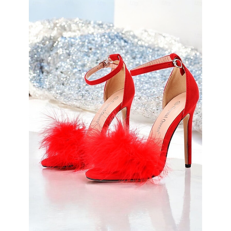 Women's Pink Suede Heels with Fluffy Straps and Pointed Toe | Perfect for Wedding, Parties and Night Out
