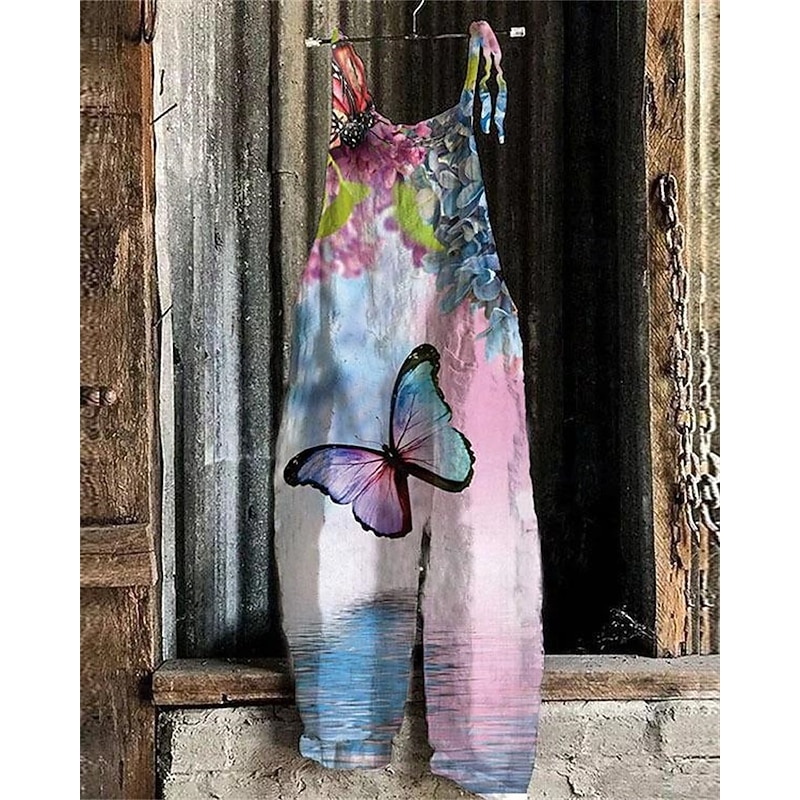 Women's Pants Trousers Dungarees Jumpsuit Rompers Lightweight Casual Ankle-Length Mid Rise Floral Graphic Printing Comfortable Inelastic Home Casual Daily claret Azure River Blue White Summer