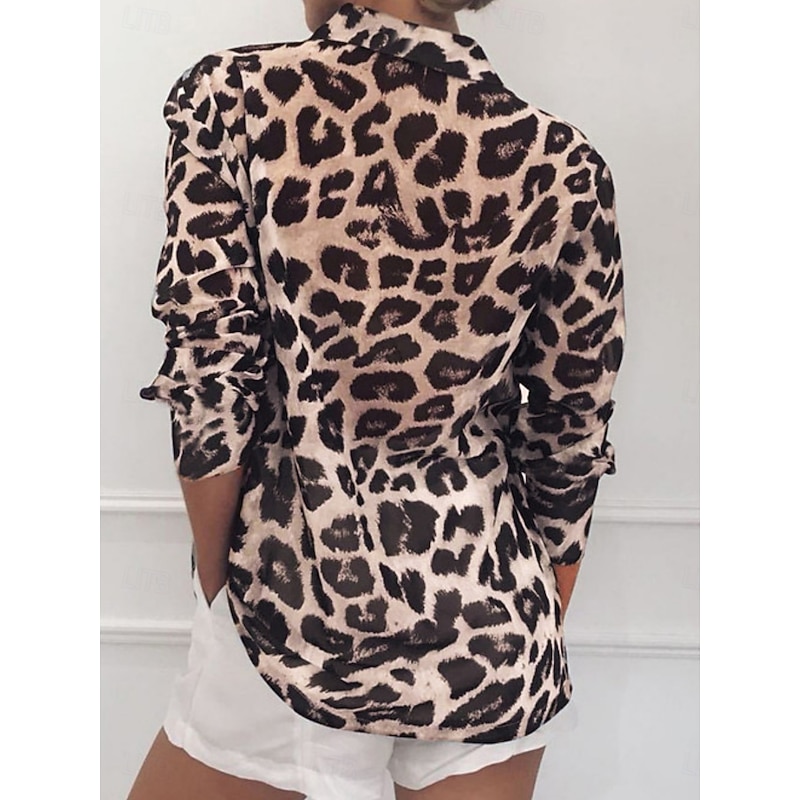 Women's Shirt Blouse Leopard Stylish Casual Long Sleeve Shirt Collar Regular Tops Daily Buttons Print White Pink Brown Gray Summer Spring2