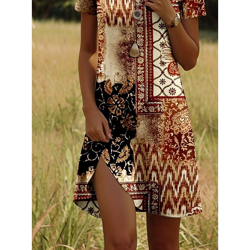 Women's Mini Dress Casual Dress Petite Dress T Shirt Dress Tee Dress Sundress Stylish Casual Vacation Casual Daily Regular Fit Color Block Short Sleeve Crew Neck Light Brown Summer Spring4