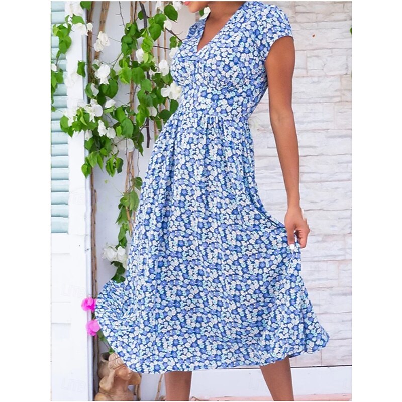 Women's Work Dress Casual Dress A Line Dress Elegant Office Daily Workfashion Midi Dress Pocket V Neck Short Sleeve Floral Regular Fit Yellow Red Blue Summer Spring S M L XL 2XL3