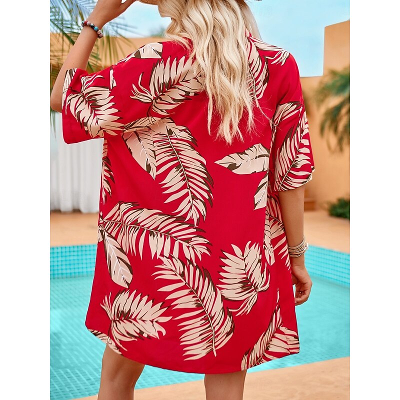 Women's Casual Jacket Suits Breathable Comfortable Drawstring Print Casual Leaf Vacation Street Holiday Daily Wear Open Front Regular Collarless Regular Fit Half Sleeve Outerwear Red Green Summer2