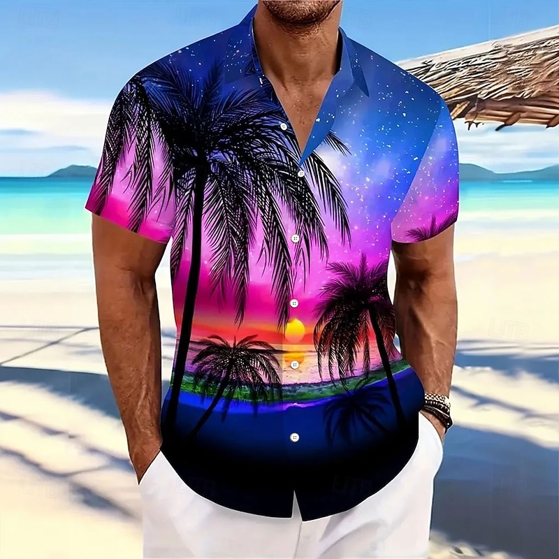 Men's Coconut Tree Starry Sky Summer Hawaiian Shirt Button Up Shirt Aloha Shirt Short Sleeve Hawaiian Resort Vacation Holiday Beach Wear Summer Spring Turndown Collared Shirts Dark Blue