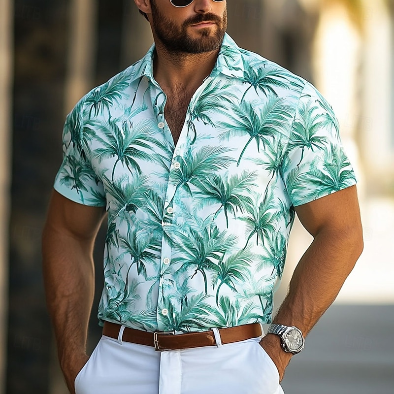 Men's Coconut Tree Tropical Plants Summer Hawaiian Shirt Button Up Shirt Aloha Shirt Short Sleeve Hawaiian Resort Vacation Holiday Beach Wear Summer Spring Turndown 3D Print Collared Shirts Blue Green