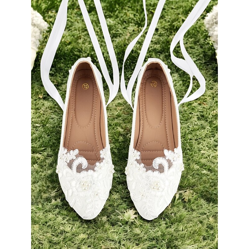 White Lace Bridal Flats with Ribbon Ties - Elegant Wedding Shoes for Women Featuring Floral Embroidery