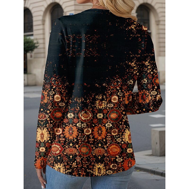 Women's T Shirt Tribal Vintage Casual Long Sleeve Crew Neck Regular Tops Daily Buttons Print Asymmetrical Brown Spring Fall2