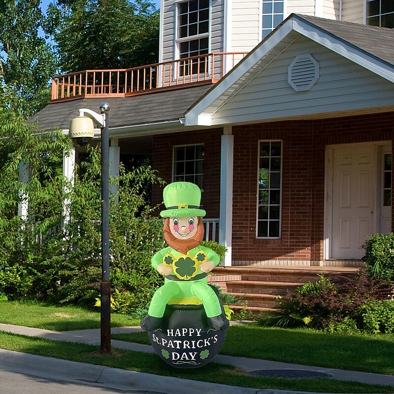 St. Patrick's Day Inflatable Air Model with LED Light - Elf Sitting on Pot, Indoor/Outdoor Lawn Festive Atmosphere Decoration 1pc3