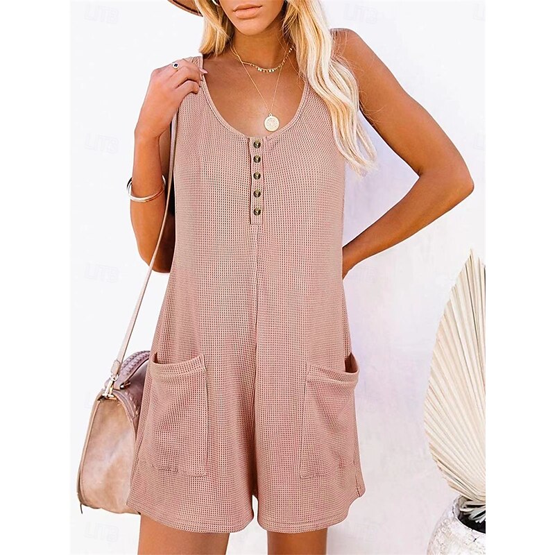 Women's Normal Romper Active Solid Color Sleeveless V Neck Buttons Pocket Vacation Daily Regular Fit Black Pink Summer2