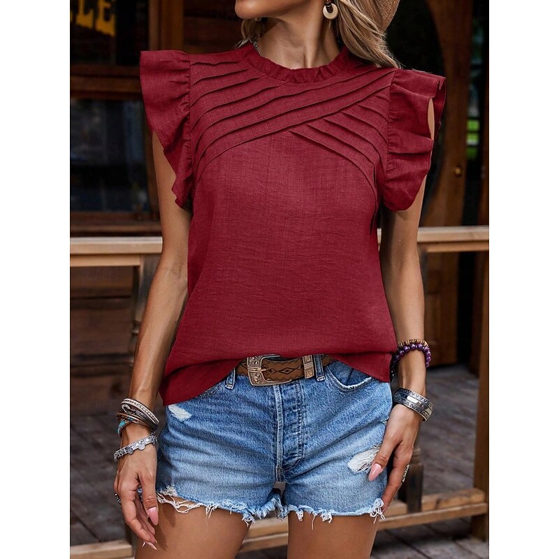 Women's Linen-Inspired Shirts T Shirt Plain Fashion Modern Casual Short Sleeve Turtleneck Regular Tops Daily Weekend Ruffle Black Wine Summer Spring