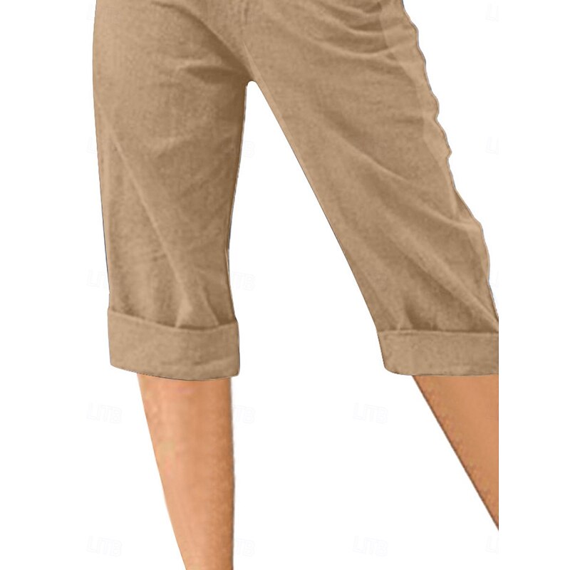 Women's Cotton Linen Shorts Linen-Inspired Pants Cotton Linen Pants Fashion Streetwear Calf-Length Medium Waist Plain Pocket Comfy Soft Comfortable Micro-elastic Outdoor Street Black Sky Blue Khaki2
