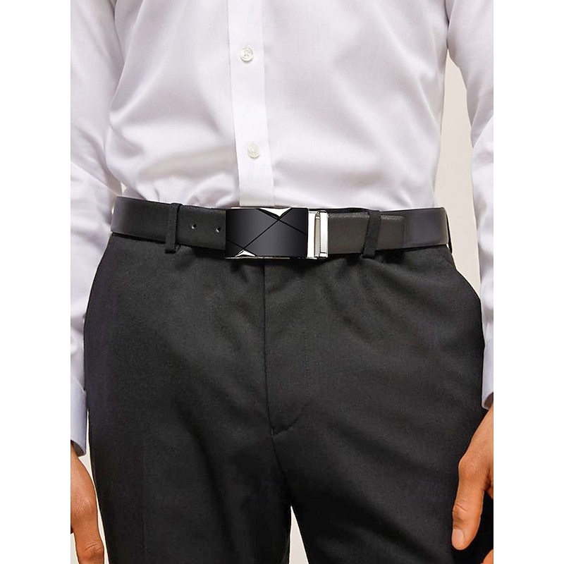 Men's Adjustable Black Leather Belt with Elegant Metal Buckle - Genuine Leather, Customizable Length, Perfect for Business Casual & Wedding Occasions2