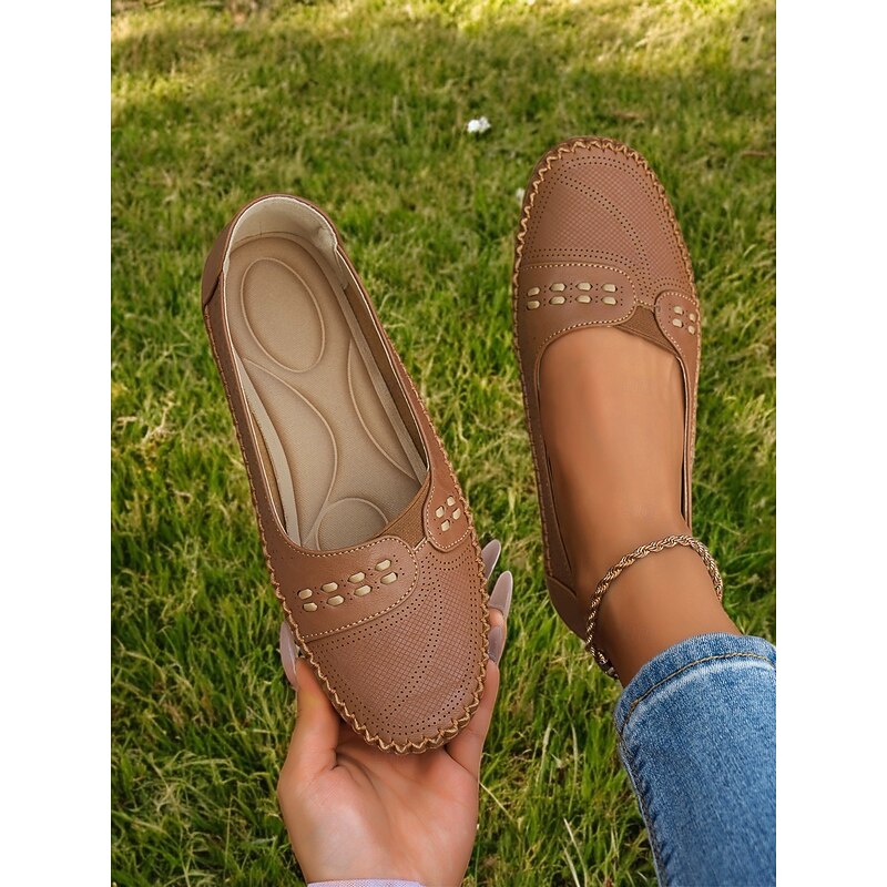 Women's Comfortable Brown Faux Leather Slip-On Loafers with Stitching Detail for Everyday Wear2