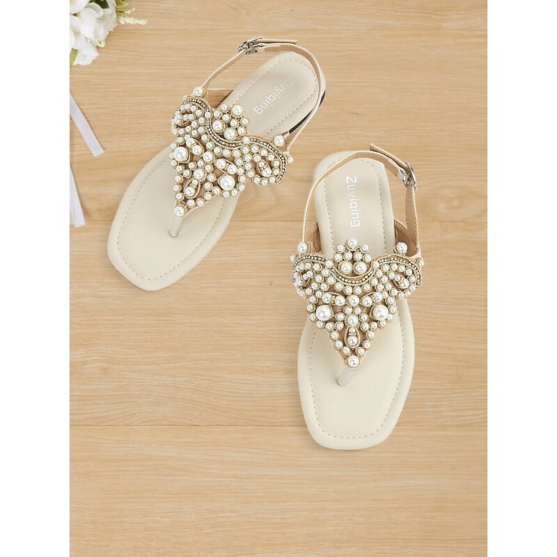 Women's Pearl-Embellished T-Strap Flat Sandals – Elegant Open-Toe Wedding Shoes for Brides and Beach Weddings2