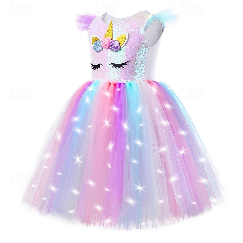 Kids Girls' Party Dress Rainbow Unicorn Sleeveless Performance Birthday Mesh Beautiful Sweet Polyester Knee-length Party Dress A Line Dress Tulle Dress Summer 4-12 Years Multicolor Pink Purple2
