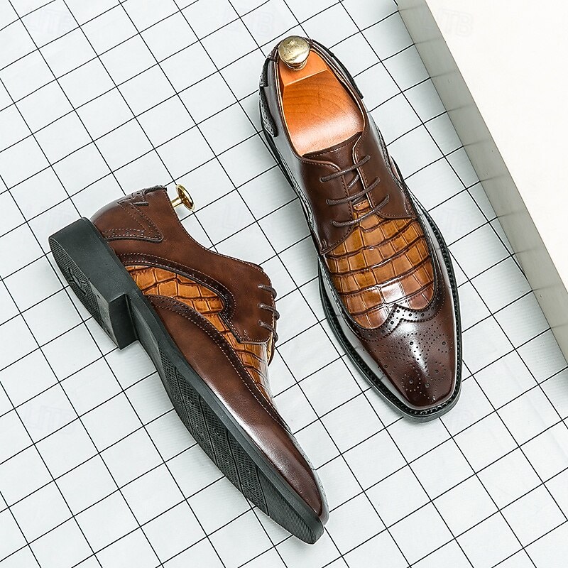 Men's Brown Faux Leather Oxford Shoes with Crocodile Pattern and Brogue Detailing – Elegant Dress Shoes for Formal Events and Office Wear3