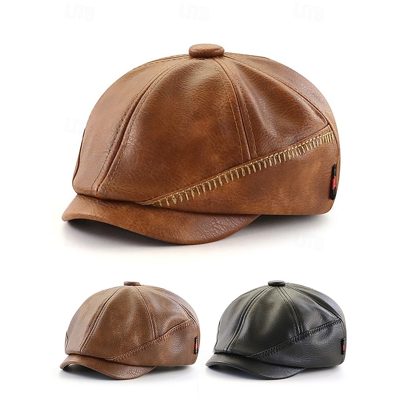 Men's Vintage Faux Leather Newsboy Cap – Retro Gatsby Style Flat Hat with Stitched Details for Casual, Formal or Outdoor Wear