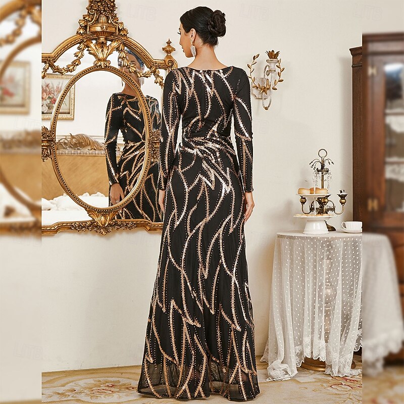 Sheath / Column Evening Gown Vintage Dress Formal Masquerade Floor Length Long Sleeve Jewel Neck Sequined with Glitter Sequin3