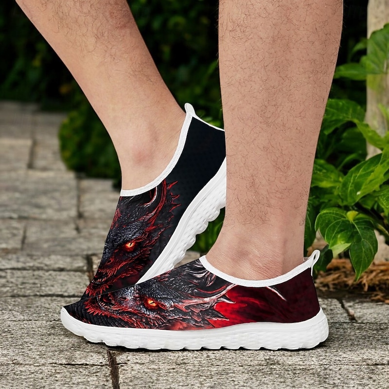 Men's Slip-On Sneakers with Red Dragon Print – Lightweight and Breathable Casual Shoes for Walking, Sports and Outdoor Activities2