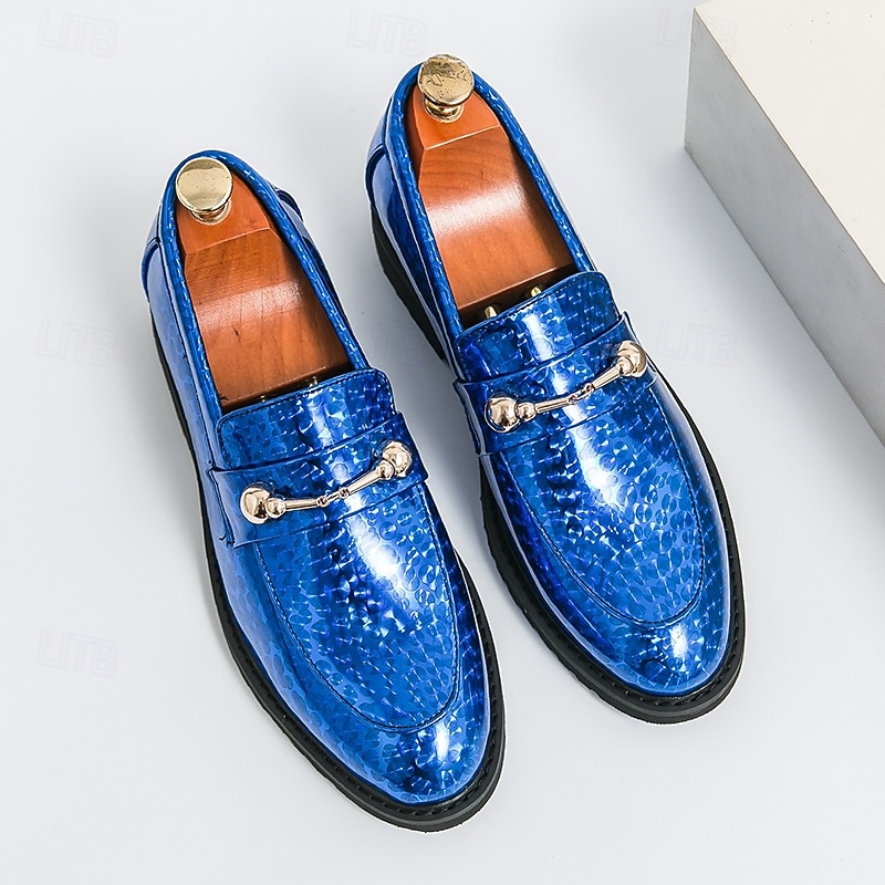 Men's Blue Metallic Faux Leather Loafers with Decorative Gold Chain – Trendy Slip-On Shoes for Formal and Party Occasions2