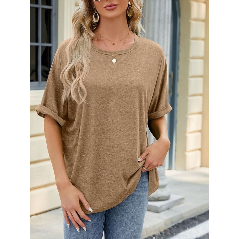 Women's T Shirt Plain Basic Casual Short Sleeve Crew Neck Regular Tops Daily Weekend Green Khaki Summer Spring4