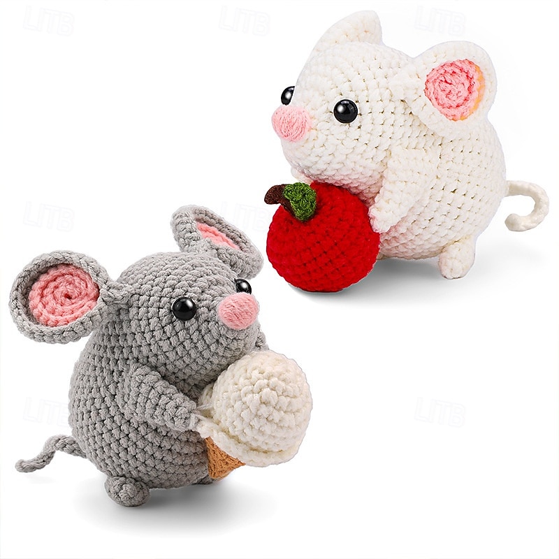 Christmas Crochet Kit for Beginners 2 Colors Mouse Knitting Kit for Adult Kids with Step-by-Step Video Tutorials and Yarns Hook Accessories